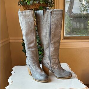 Nordstrom Gray Heeled Knee-High Leather Suede Boots Size 8 M